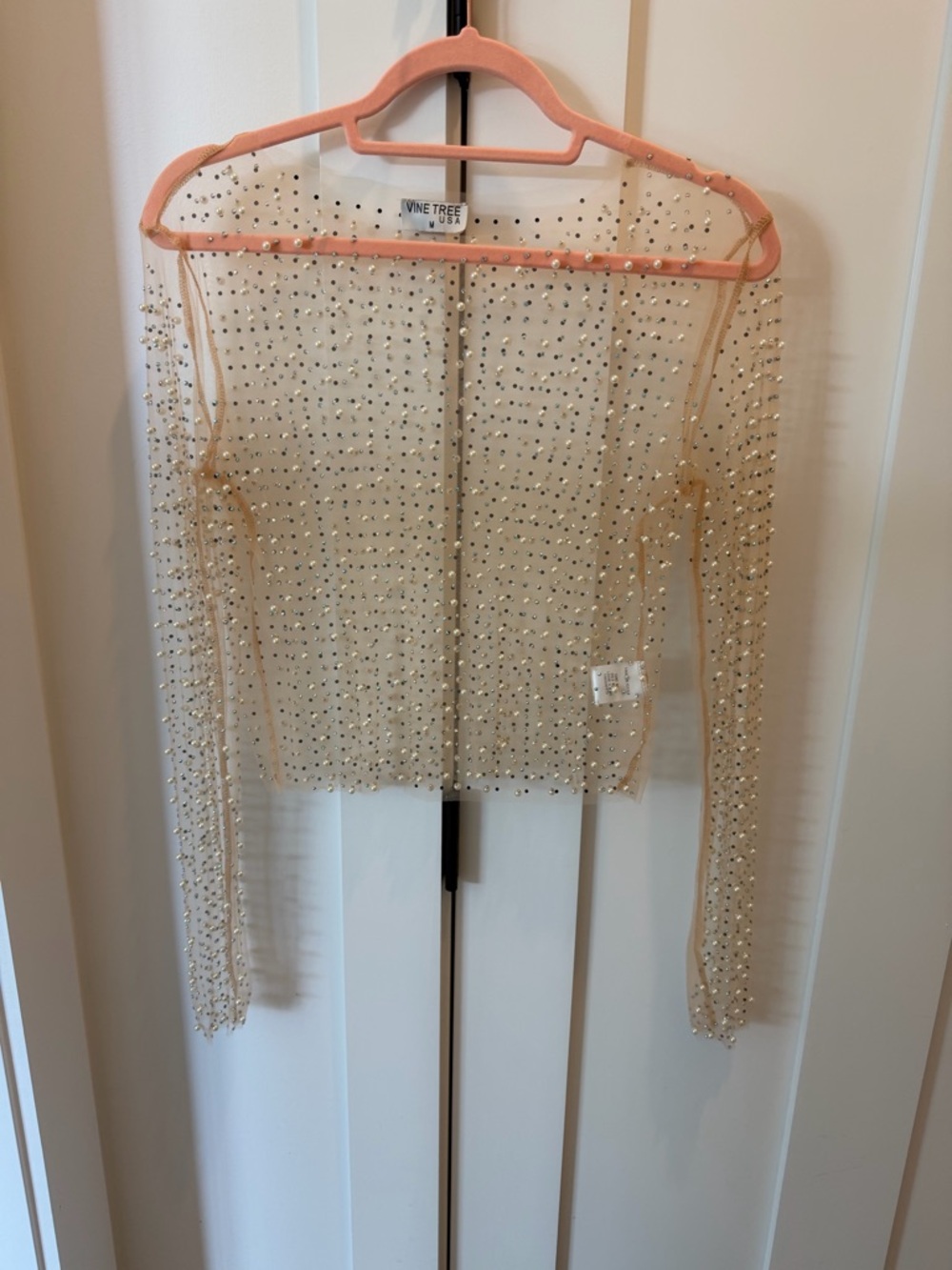 Vine Tree Sheer Beaded Long Sleeve Top - Nude